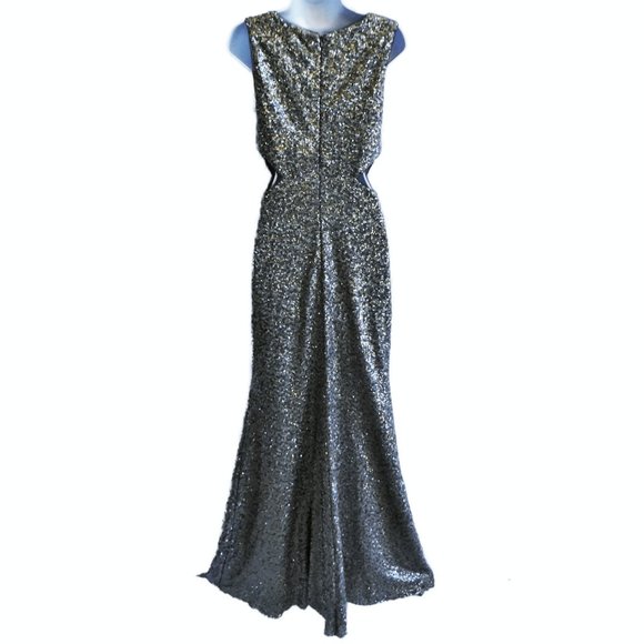 Heavy Silver Sequin Ruched  Evening Gown Betsy & Adam Elegant Trumpet Skirt USA - Picture 4 of 11